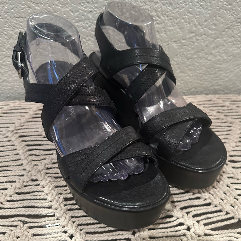 Stuart Weitzman Black Leather Platform Wedge Sandals